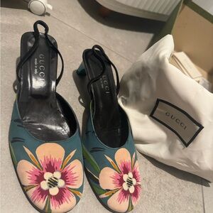Gucci Teal Floral Slingback Heels with Pink Flower Accents